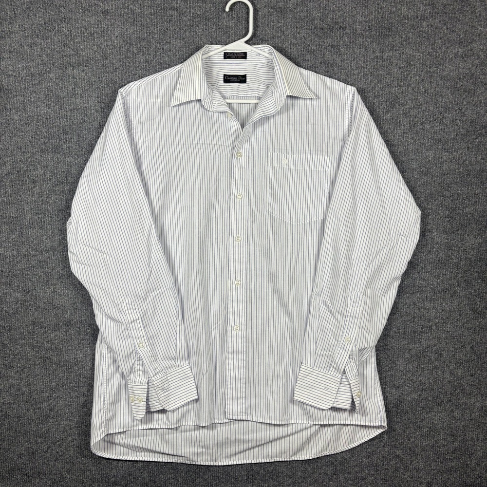 Christian Dior Monsieur Dress Shirt Mens 16.5 34/35 White Blue Stripe Vintage